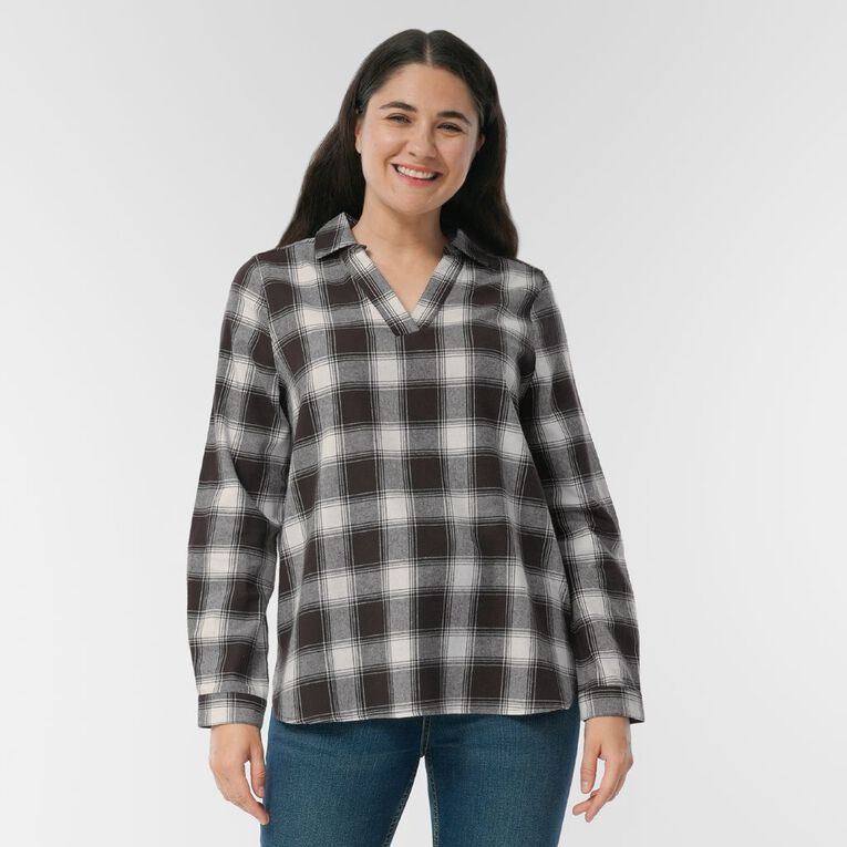 H&H Women's Long Sleeve Check Popover Shirt, Brown, hi-res
