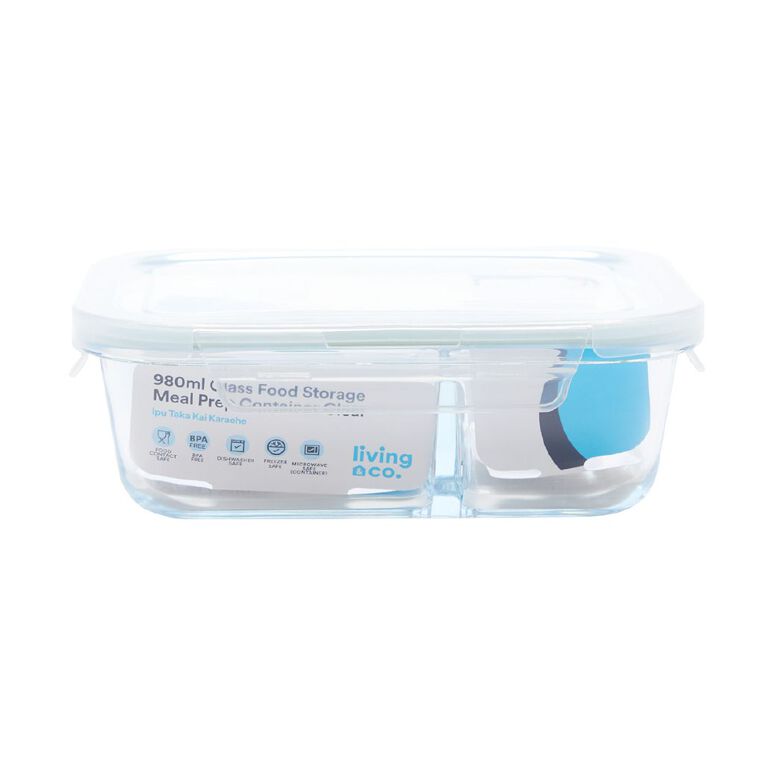 Living & Co 2 Compartment Glass Meal Prep Container Clear 980ml, , hi-res