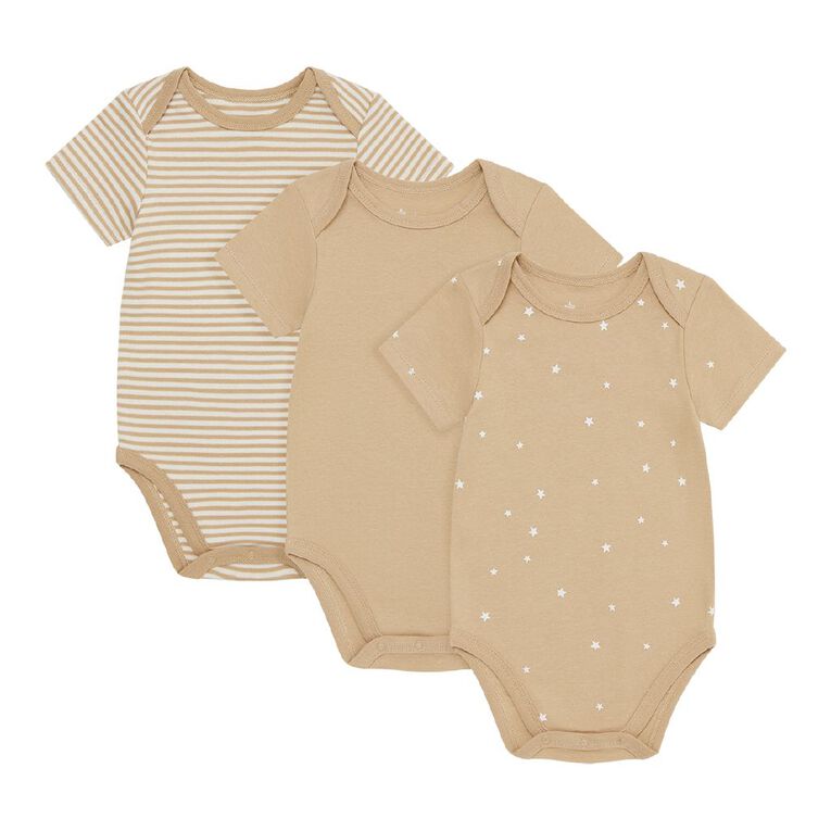 Young Original Babys' Short Sleeve Printed Bodysuit 3 Pack, Brown Mid STARS, hi-res