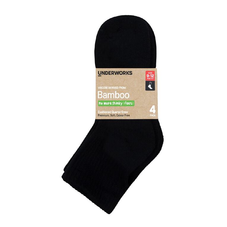 Underworks Kids' Bamboo Quarter Crew Socks 4 Pack, Black, hi-res