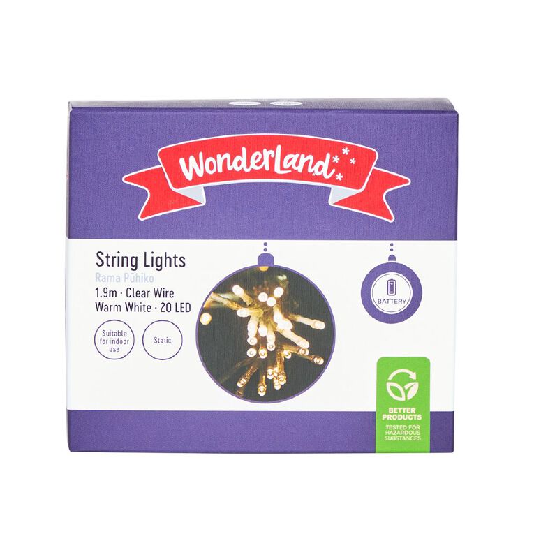 Wonderland Christmas Battery String Lights 20 Warm White LEDs 1.9m, , hi-res