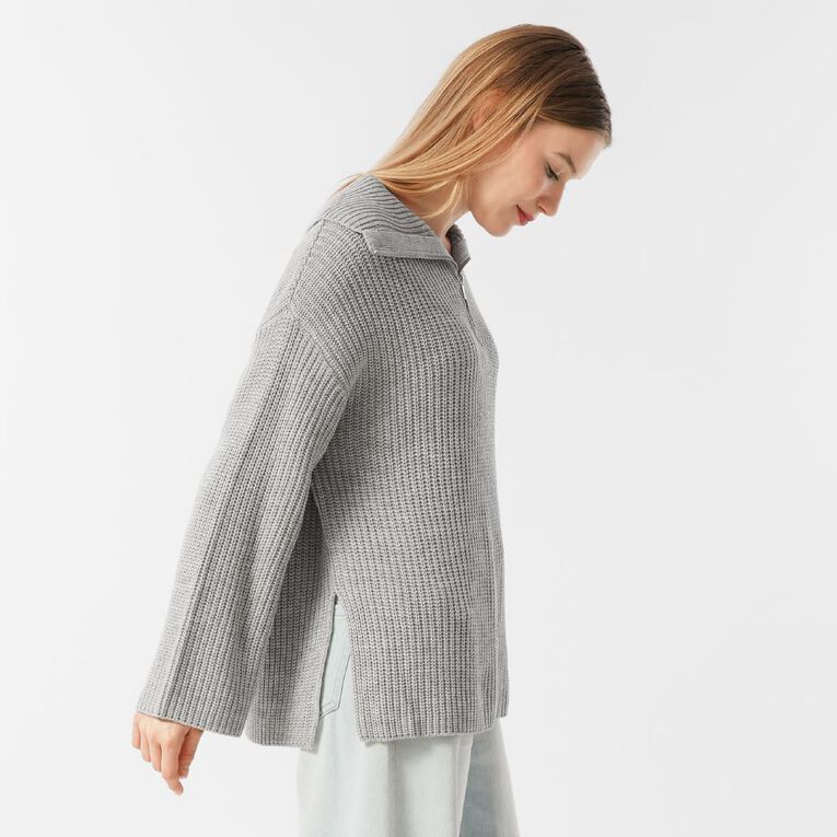 H&H Women's Quarter Zip Rib Knit Jumper, Grey Marle, hi-res