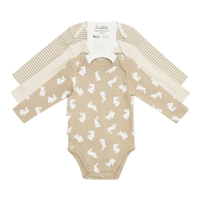 Young Original Babys' Long Sleeve Printed Bodysuit 3 Pack, Brown Light BUNNIES, hi-res