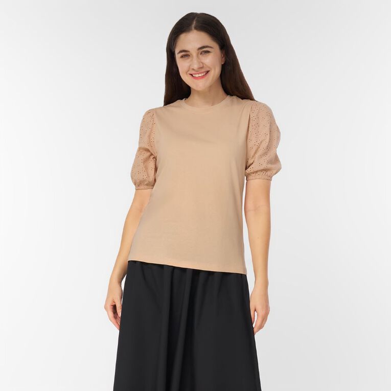 H&H Women's Broderie Sleeve Tee, Pink Light, hi-res