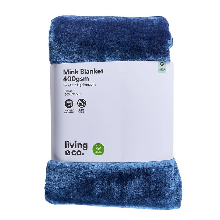 Living & Co 400gsm Mink Feel Blanket Denim Queen, , hi-res