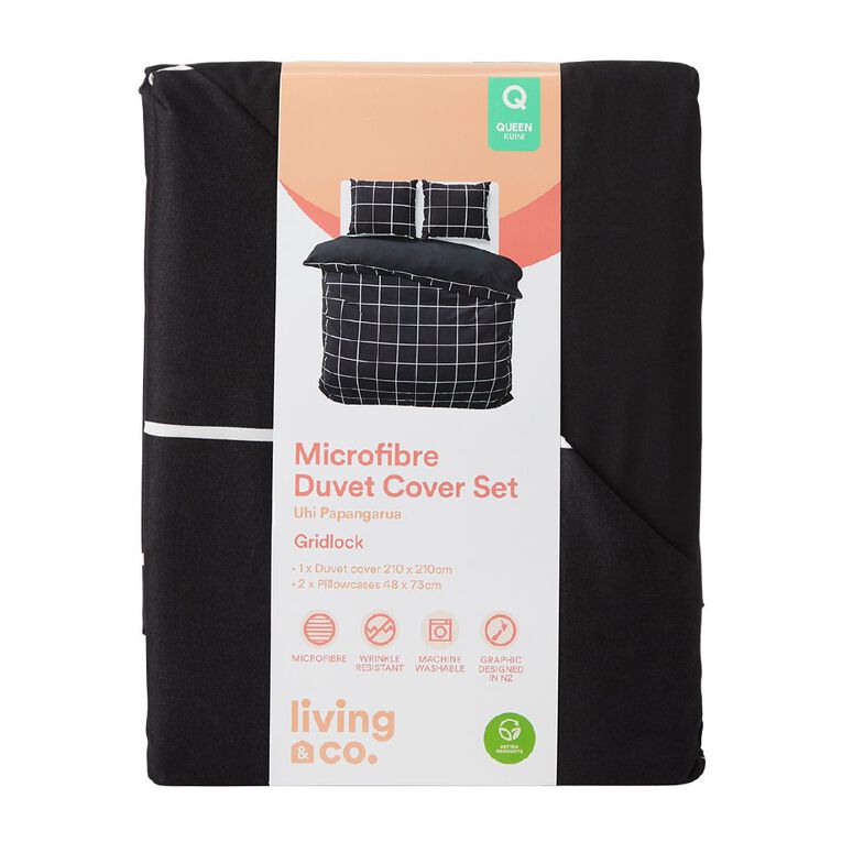 Living & Co Duvet Cover Set Check Black/White Double, Black/White, hi-res