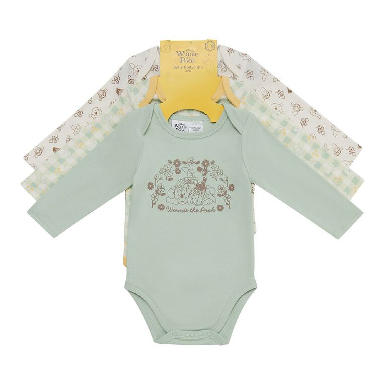 Winnie the Pooh Babies' Long Sleeve Printed Bodysuit 3 Pack, Cream, hi-res