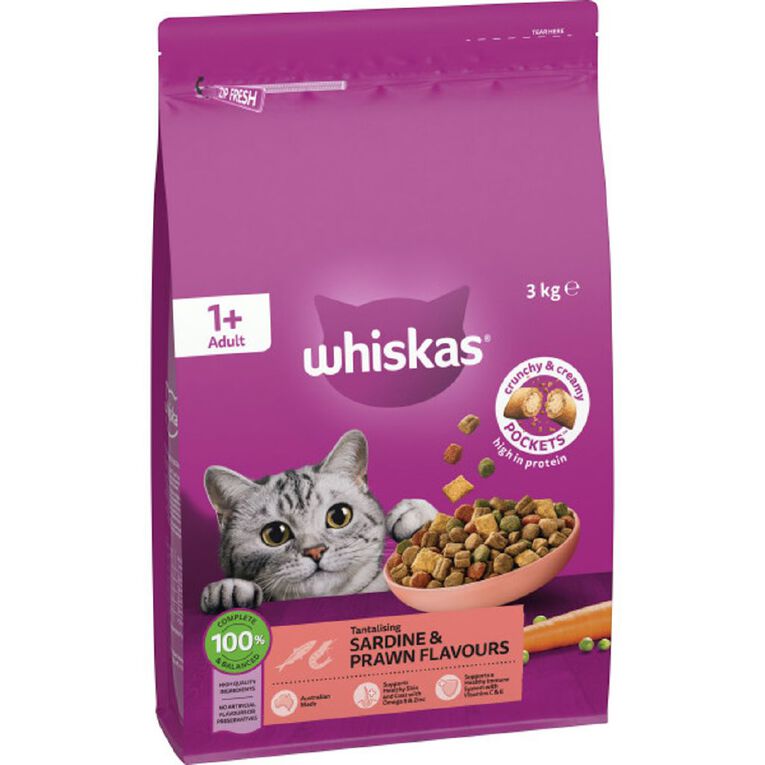 Whiskas Adult Dry Cat Food Sardine & Prawn Bag 3kg, , hi-res