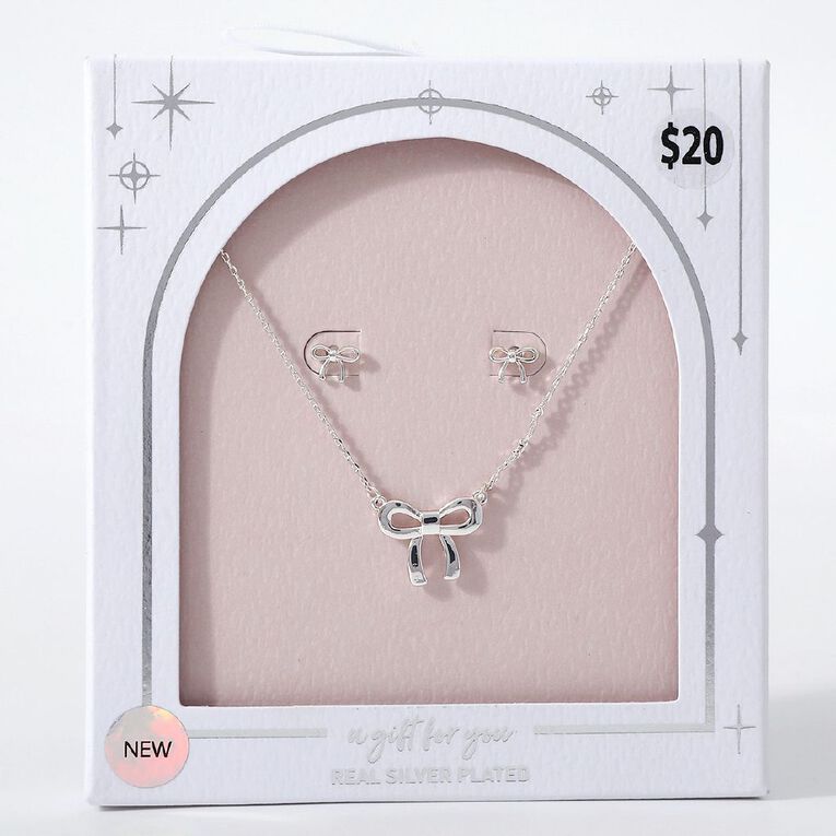 Bow Earrings & Necklace Set Silver Plated, , hi-res