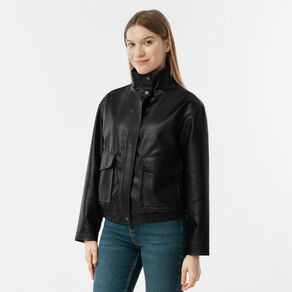 H&H Women's PU Funnel Neck Bomber Jacket