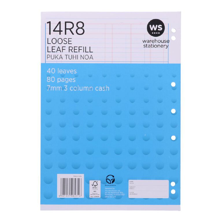 WS Pad Refill 14R8 7mm 3 Column Cash Ruled 40 Leaf Punched Blue, , hi-res