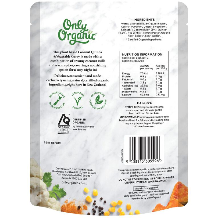 Only Organic Quinoa& Vegetable Curry Meal 300g, , hi-res