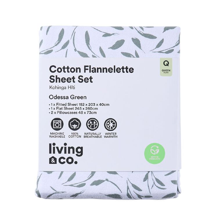 Living & Co Cotton Flannelette Sheet Set Odessa Green Queen, , hi-res