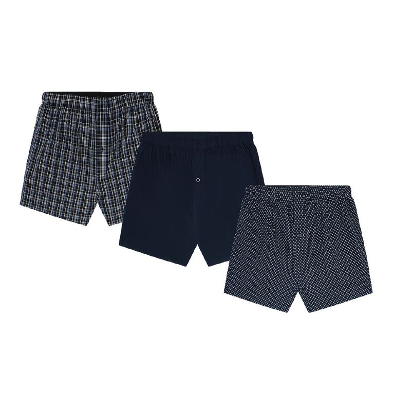 H&H Men's Woven Boxer 3 Pack, Black/Blue, hi-res