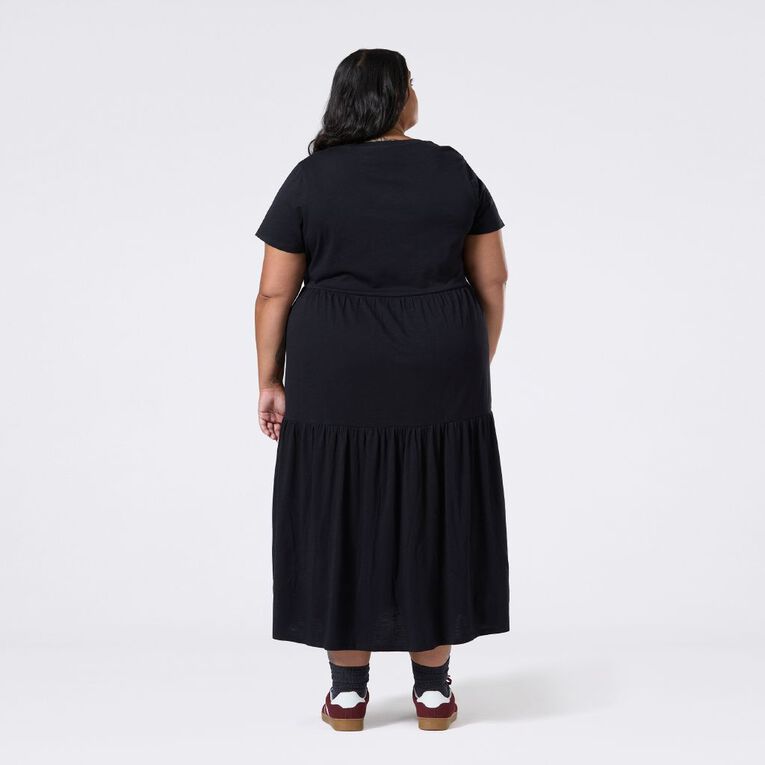 H&H Curve Women's Short Sleeve Slub Tier Midi Dress, Black, hi-res