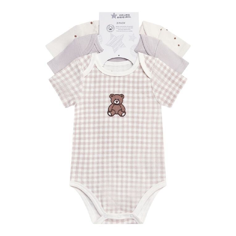 Young Original Babies' Short Sleeve Printed Bodysuit 3 Pack, Cream, hi-res