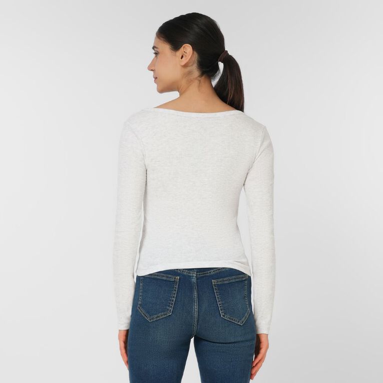 H&H Women's Long Sleeve Henley Rib Top, Grey Light, hi-res