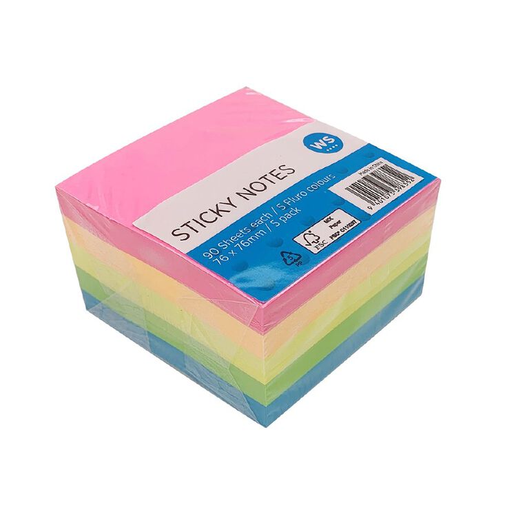 WS Sticky Notes 76mm x 76mm Multi-Coloured 90 Sheet 5 Pack, , hi-res