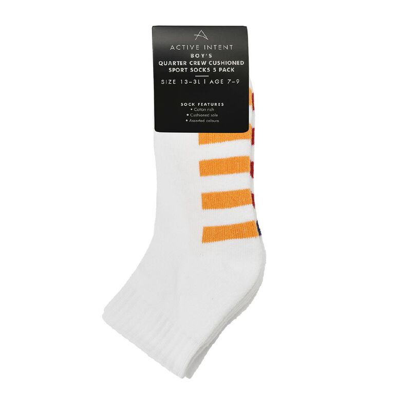 Active Intent Boys' Quarter Crew Cushioned Socks 5 Pack, White W25 WINNER, hi-res