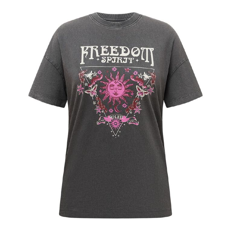 H&H Women's Short Sleeve Boyfriend Graphic Tee, Grey Dark FREEDOM, hi-res