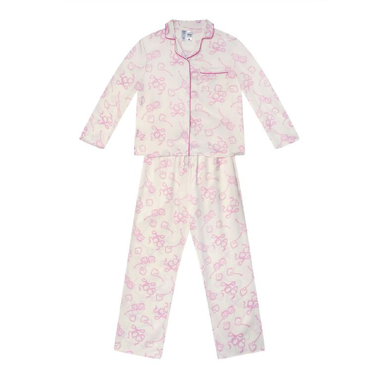H&H Girls' Satin Button Up Pyjama Set, Cream, hi-res