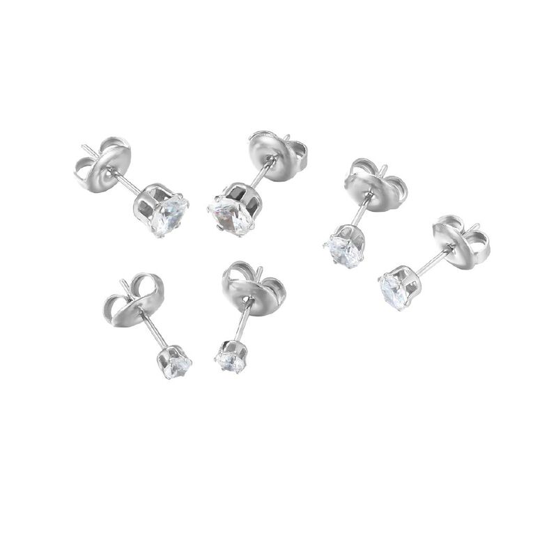 Waterproof Premium Round CZ Studs Earrings 3 Pairs, , hi-res