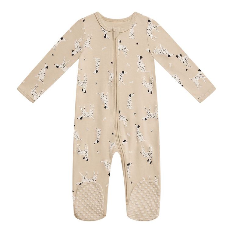 Young Original Babies' Zip-Thru Footed All-in-One, Brown Light DOGS, hi-res