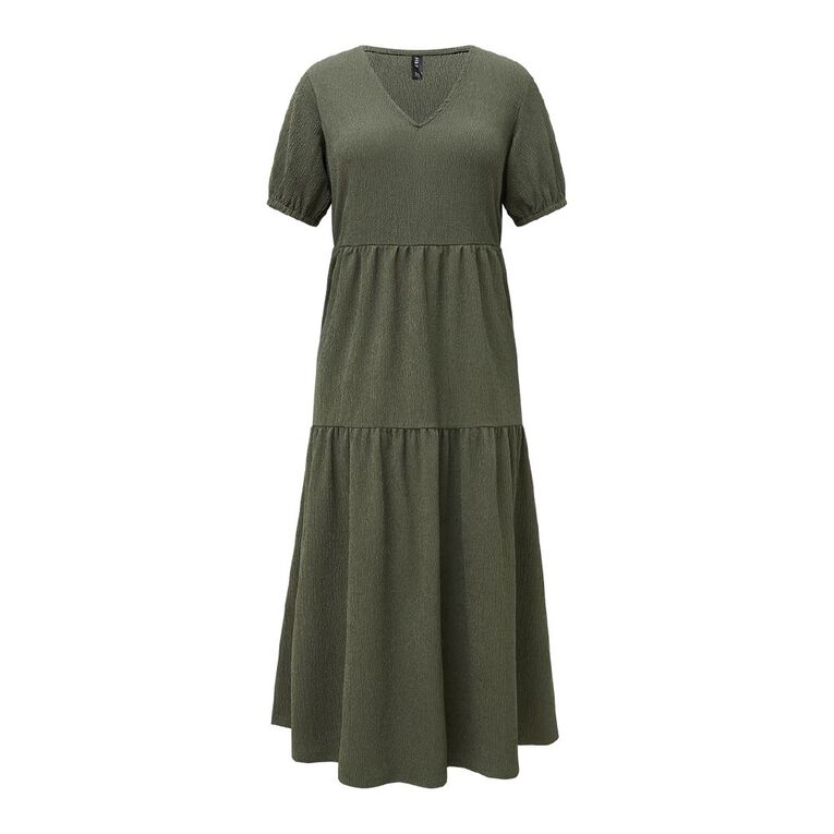 H&H Womens' Short Sleeves Puff V-Neck Tiered Midi, Green Dark, hi-res