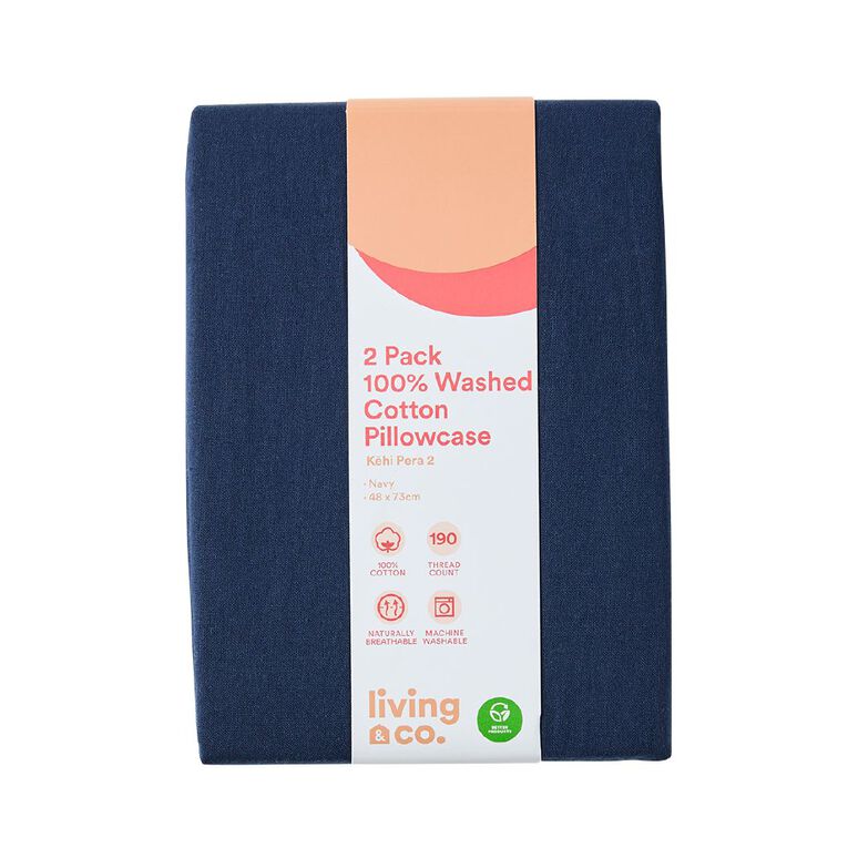 Living & Co 100% Washed Cotton 2 Pack Pillowcase Navy 48cm x 73cm, , hi-res