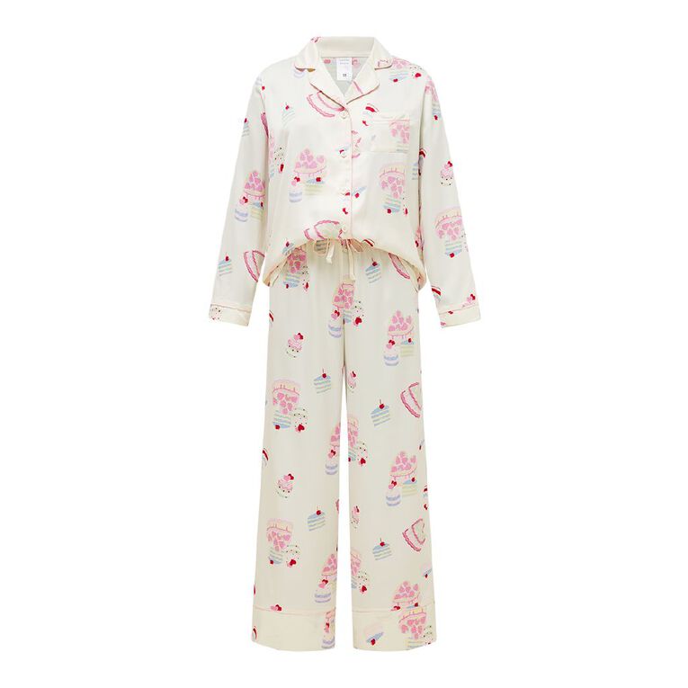 H&H Women's Satin Button Up Pyjama Set, White, hi-res