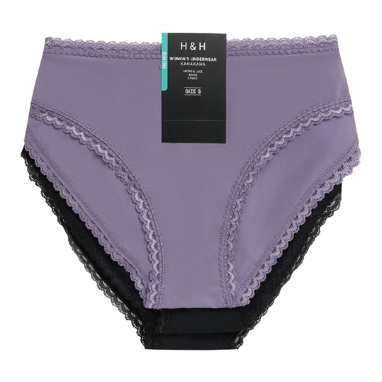 H&H Women's Micro and Lace Bikini Briefs 3 Pack, Purple Mid, hi-res