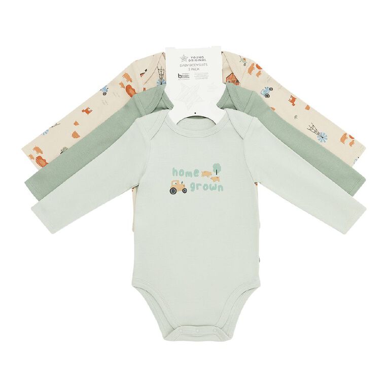 Young Original Babys' Long Sleeve Printed Bodysuit 3 Pack, Green Light, hi-res