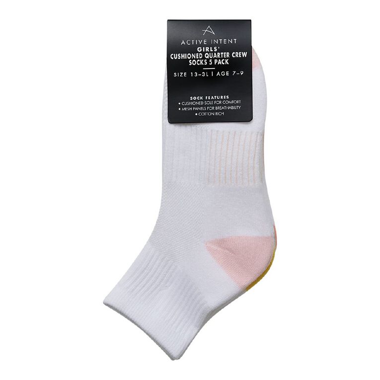 Active Intent Girls' Cushioned Quarter Crew Socks 5 Pack, White, hi-res