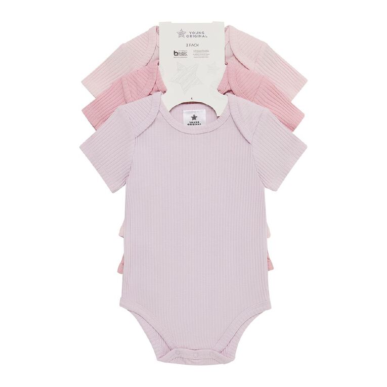 Young Original Babys' Short Sleeve Rib Bodysuit 3 Pack, Purple Light, hi-res