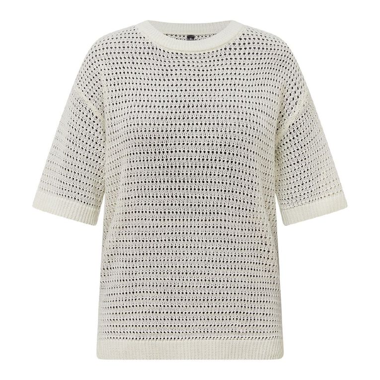 H&H Women's Short Sleeve Eyelet Jumper, Cream, hi-res