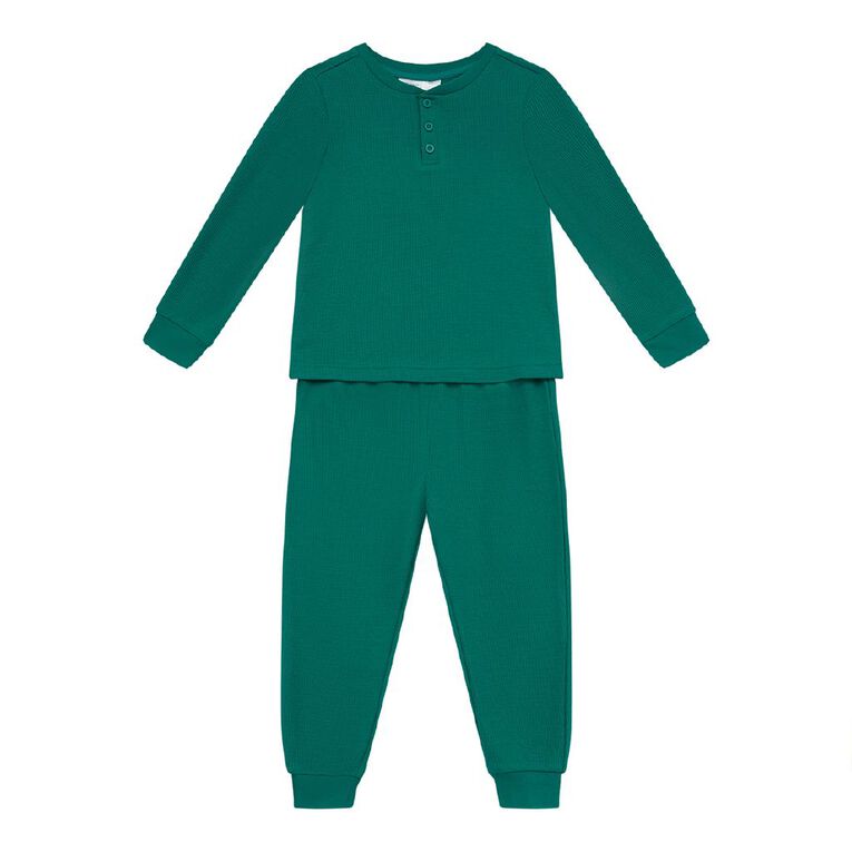 H&H Boys' Waffle and Henley Pyjama Set, Green Mid, hi-res