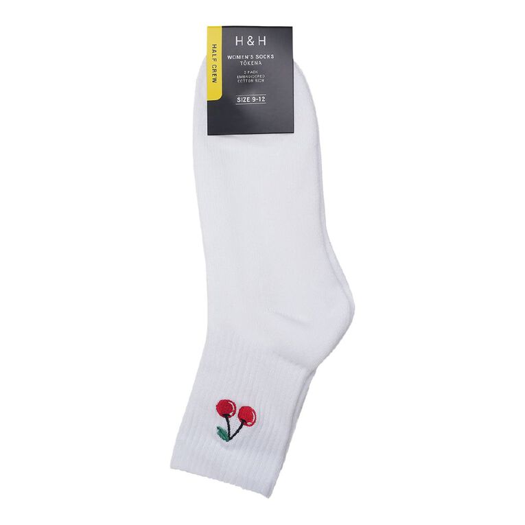 H&H Women's Embroidered Half Crew Socks 3 Pack, White, hi-res
