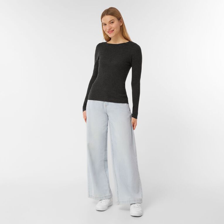 H&H Women's Merino Blend Rib Crew Knit, Charcoal/Marle, hi-res