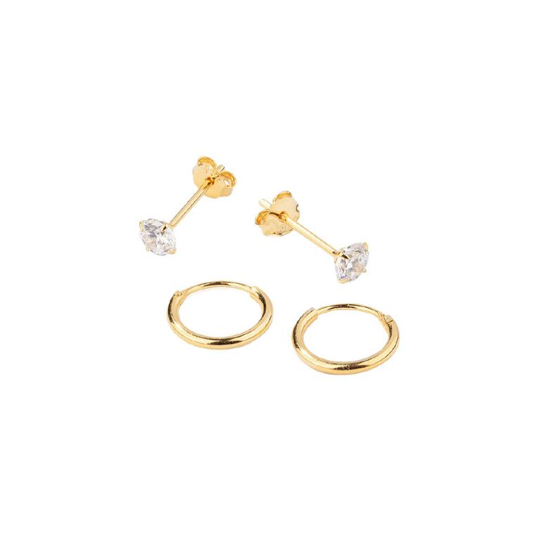 Sterling Silver Gold Plated CZ Sleeper Earrings 2 Pack, , hi-res
