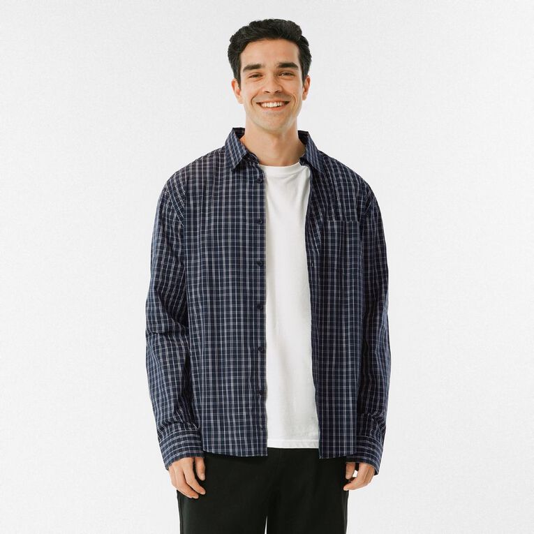 H&H Men's Long Sleeve Check Shirt, Blue Dark, hi-res