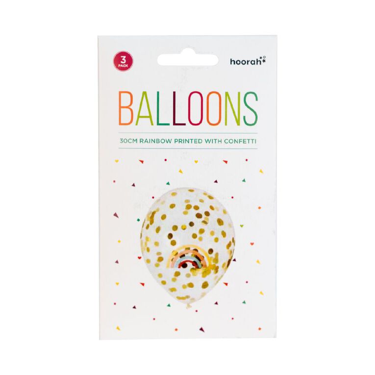 Hoorah Rainbow Print Balloons with Confetti 30cm 3 Pack, , hi-res