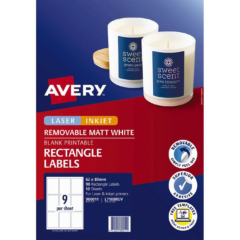 Avery Removable Matt Rectangle Labels 62 x 89 mm 90 Labels, , hi-res