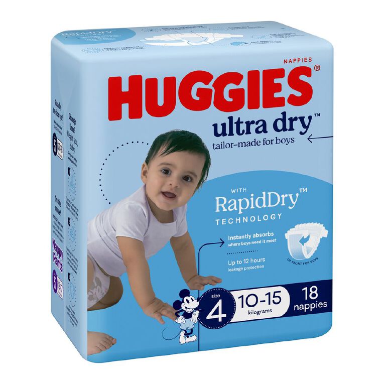 Huggies Boys' Convenience Nappy Toddler Size 4 10-15kg 18 Pack, , hi-res