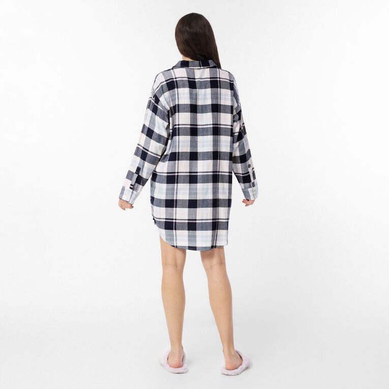 H&H Women's Flannelette Boyfriend Nightie, Blue Dark, hi-res