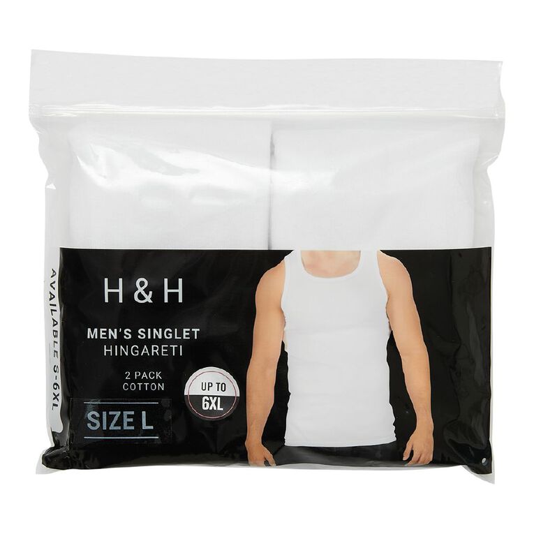 H&H Men's Singlet 2 Pack, White, hi-res
