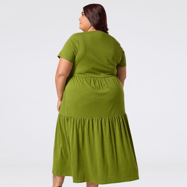 H&H Curve Women's Short Sleeve Slub Tier Midi Dress, Green Mid, hi-res