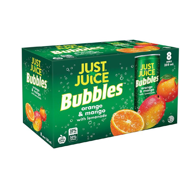 Just Juice Bubbles Orange Mango 250ml x 8, , hi-res