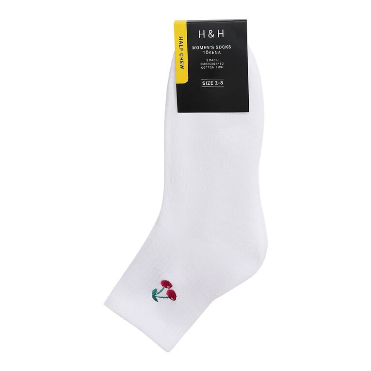 H&H Women's Embriodered Half Crew Socks 3 Pack, White, hi-res