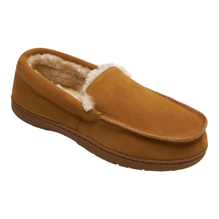 H&H Men's Leroy Leather Moccasin Slippers, Tan, hi-res