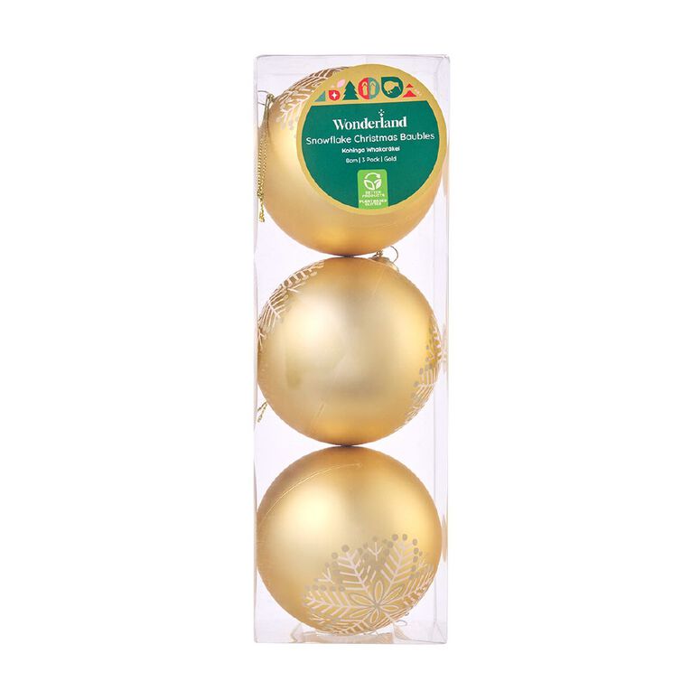 Wonderland Bauble Snowflake 3 Pack Gold 8cm, , hi-res